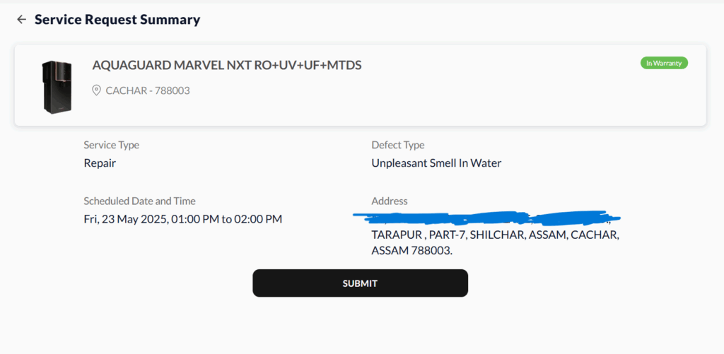 Aquaguard Service request final stage
