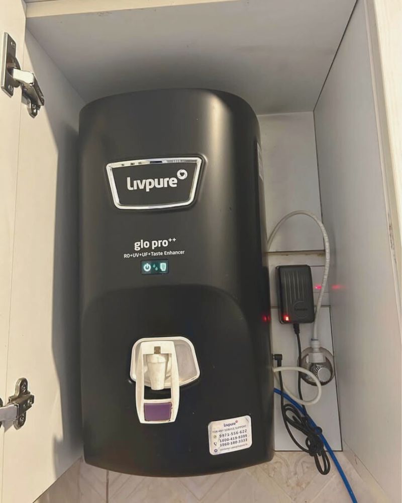 Livpure GLO PRO++ RO+UV+UF installed in a cabinet