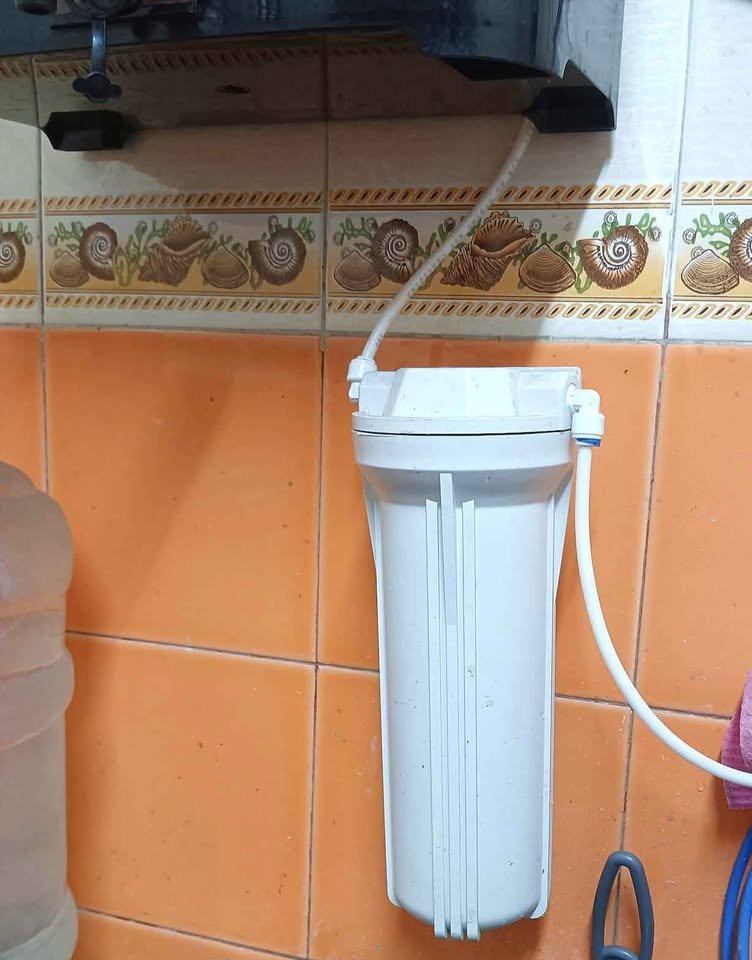 Aqua D Pure Copper + Alk RO sediment pre filter housing shown in installation, designed to trap sand, silt, and rust before water enters the RO system