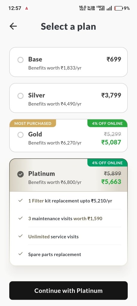 Aquaguard Platinum AMC plan Screenshot